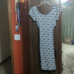 Blue and white patterened bodycon dress.